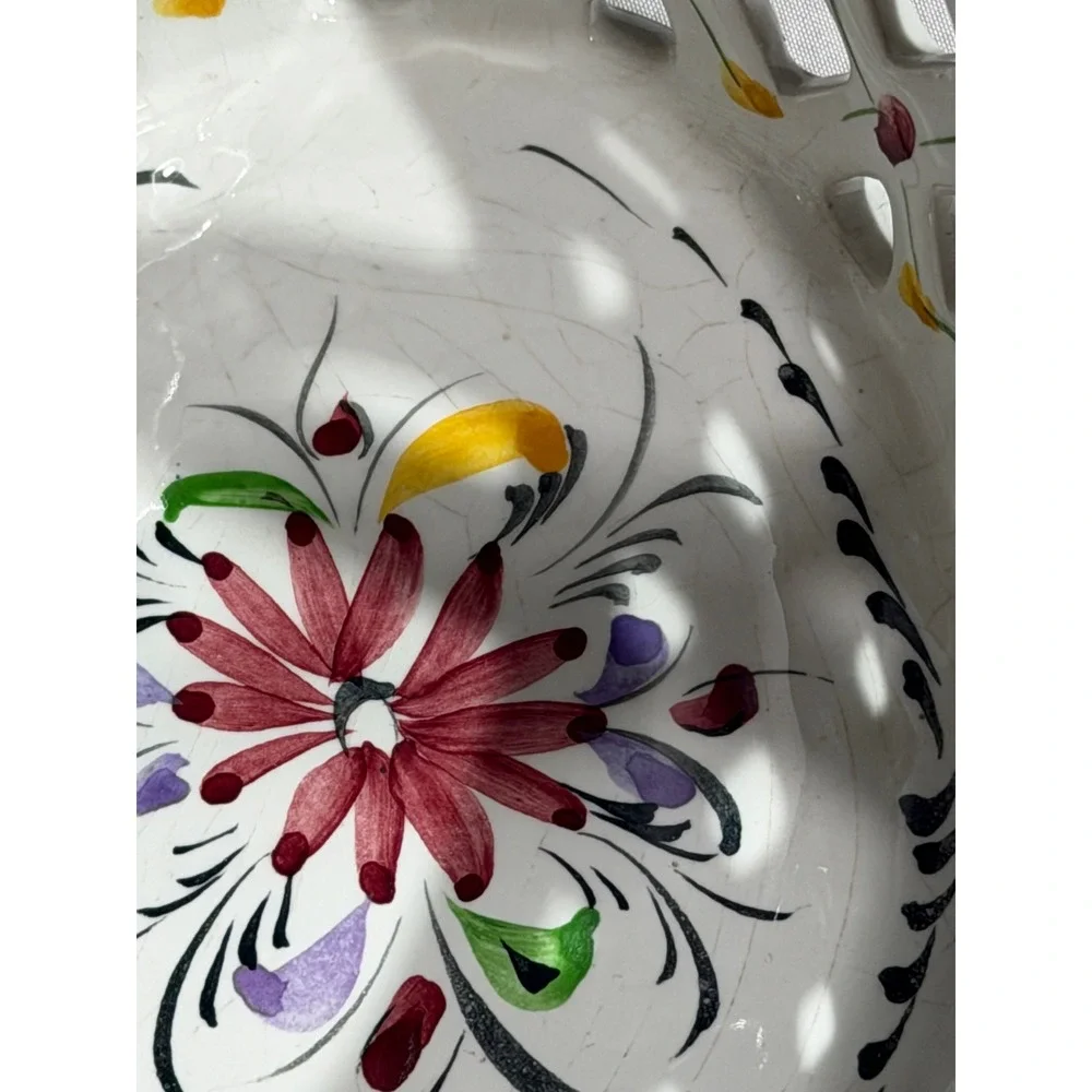 Vintage Hand Painted Portugal Ceramic Reticulated Lattice Floral Basket 406D